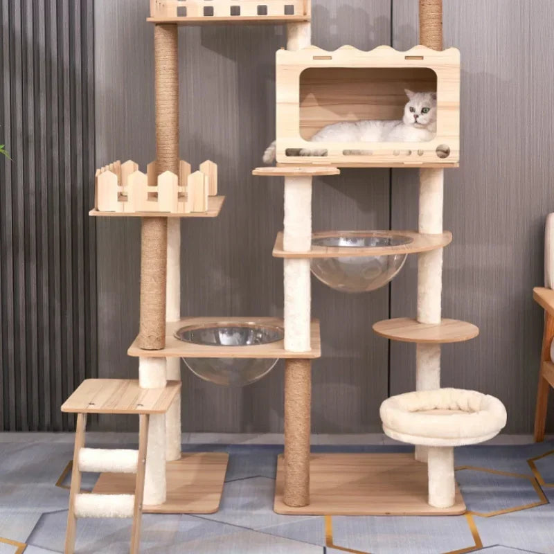Large Wooden Cat Tree Space Pod Multi-Level Tower & Scratching Cat Tree Tower PLUSH