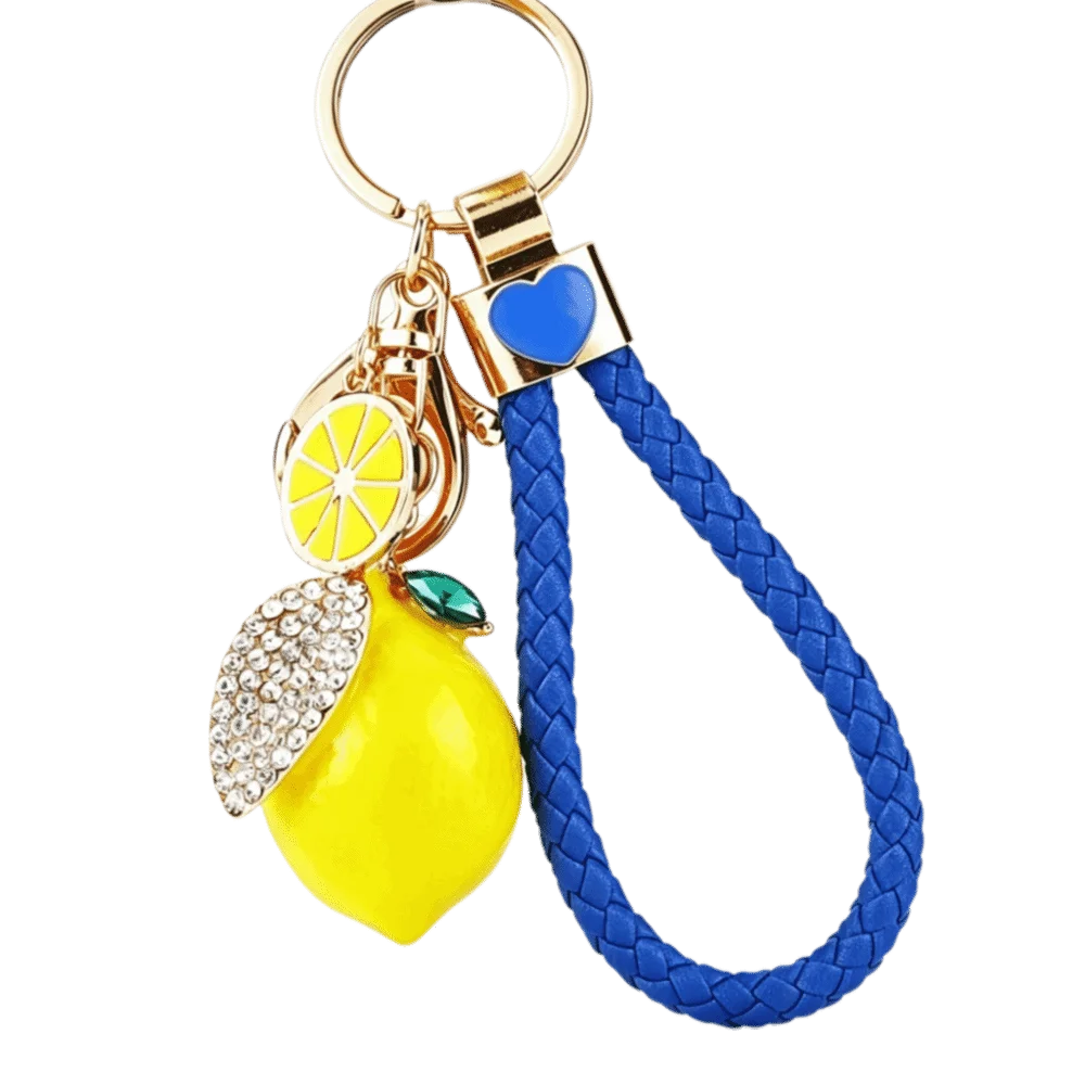 Lemon Keychain Rhinestone Leaf Charm & Braided Rope Strap Fashion Keychain PLUSH Royal Blue
