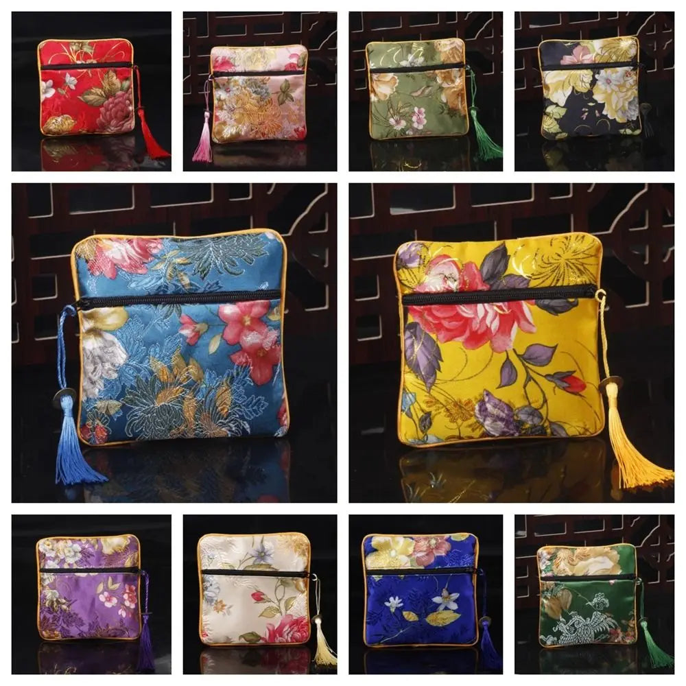 Embroidered Floral Coin Pouch | Tassel Jewelry & Makeup Bag Embroidered Coin Pouch PLUSH