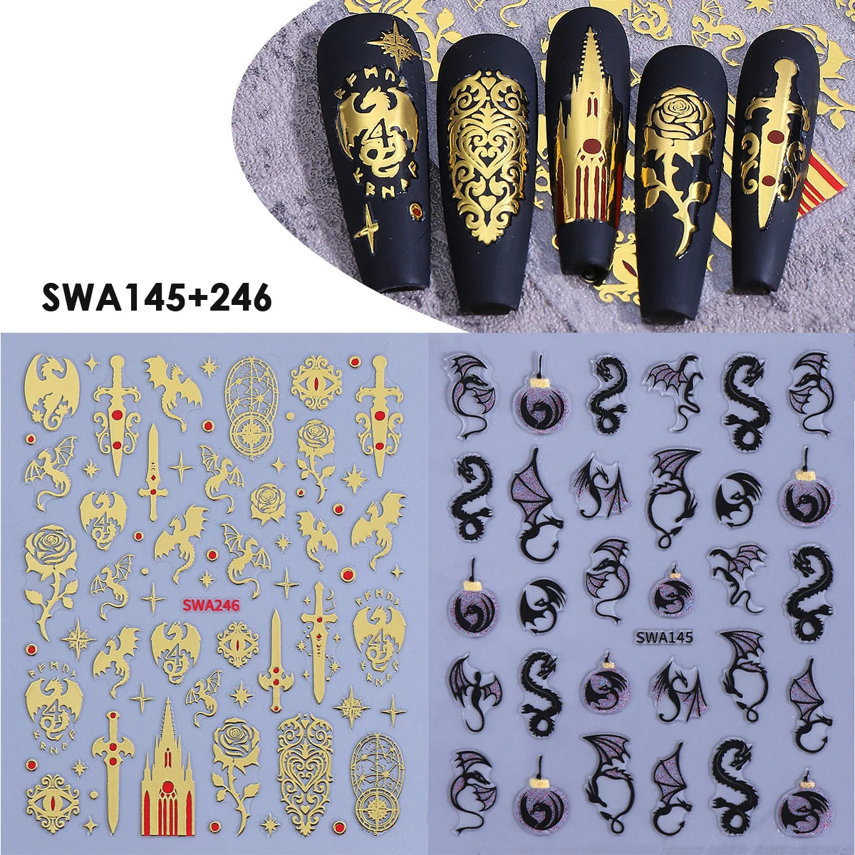 Gothic Dragon 3D Nail Decals – Dark Fantasy Bronzing Stickers 2pk Nail Art Stickers PLUSH SWA145 246