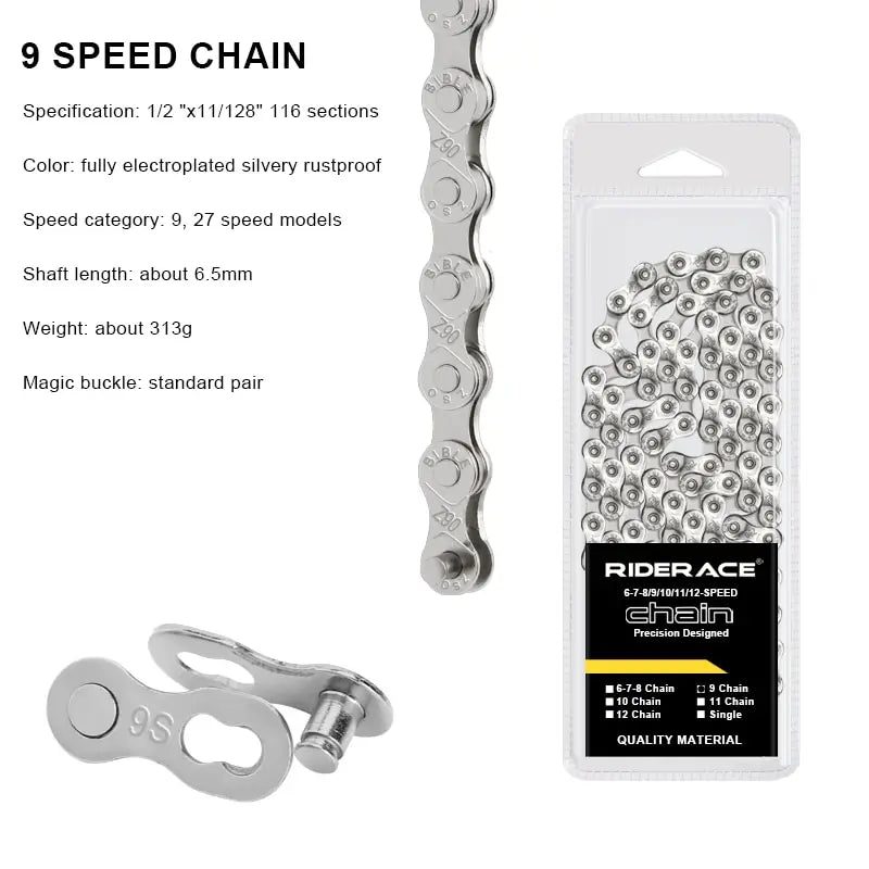 RIDERACE Ultralight Bicycle Chain 116L 8-12 Speed MTB Road Bike Bicycle Chain PLUSH 9 speed