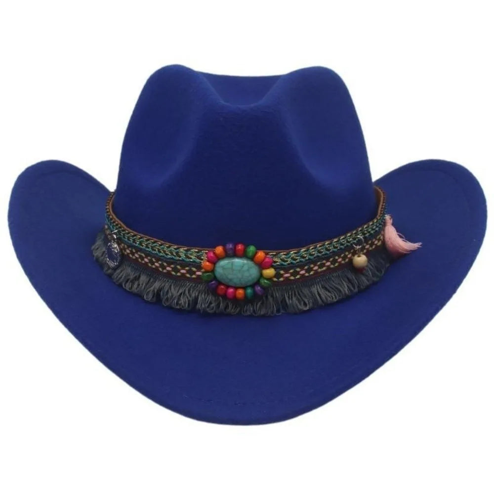 Wide Brim Western Cowboy Hat with Tassels – Unisex Cosplay Western Cowboy Hat PLUSH Blue