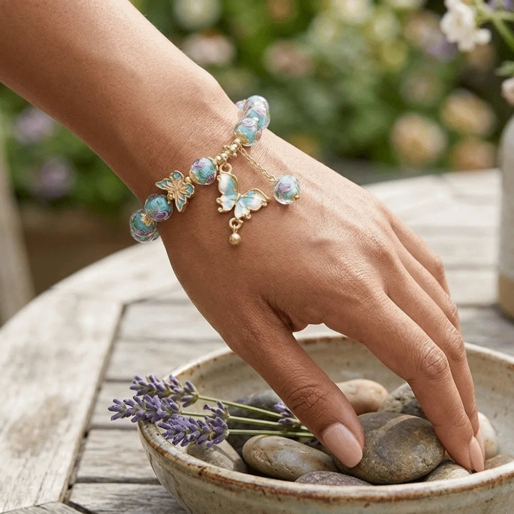 Butterfly Rose Beaded Bracelet – Vintage Lampwork Glass Charm Beaded Charm Bracelet PLUSH