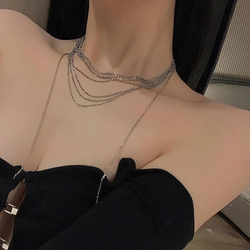 Sparkling Multilayer Titanium Steel Fringe Sweater Chain Necklace Multilayer Necklace PLUSH