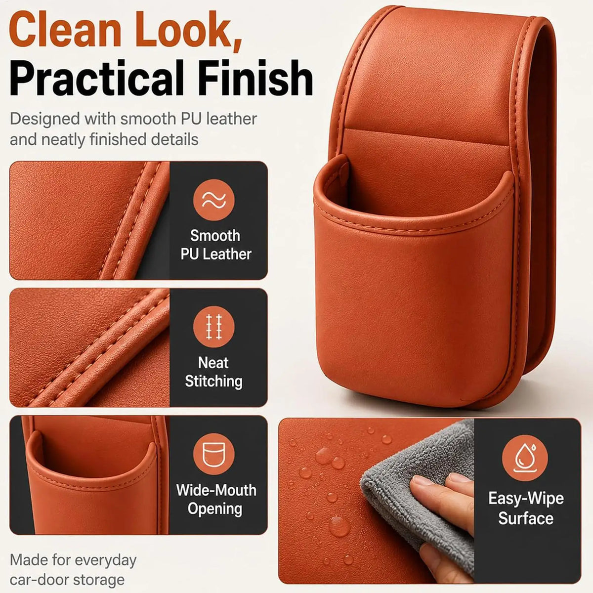 PU Leather Car Door Cup Holder & Storage Pocket Car Door Organizer PLUSH