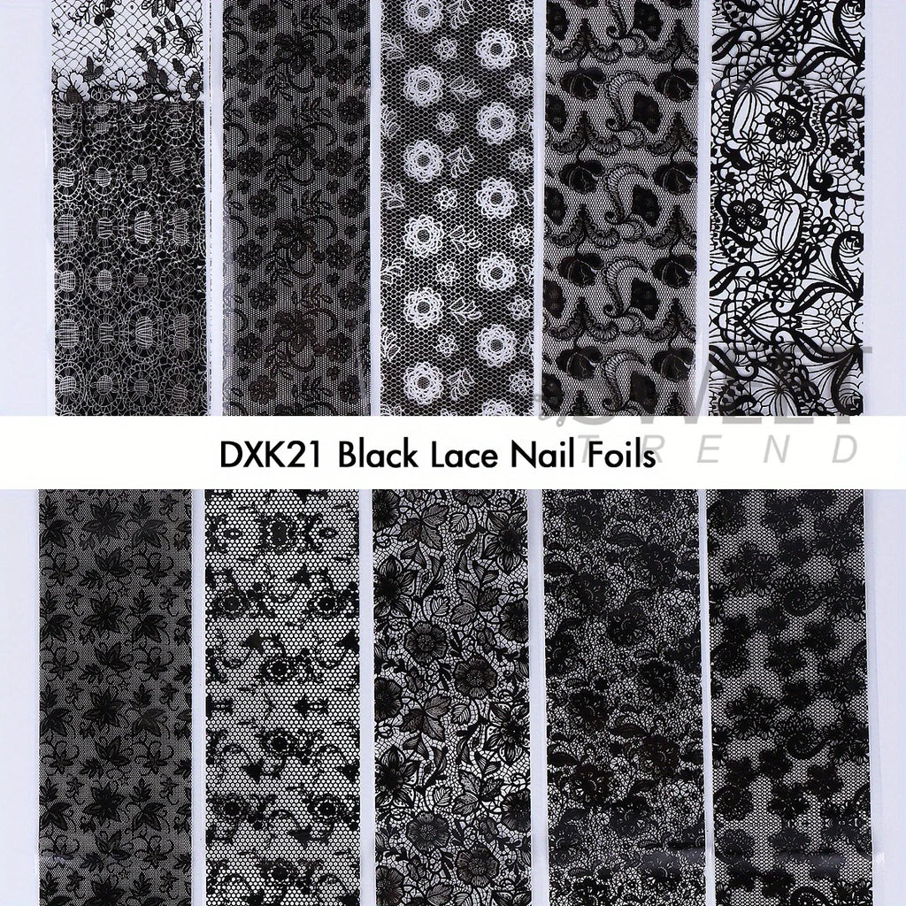 Black White Lace Floral Nail Transfer Foils 10/20pcs Nail Transfer Foils PLUSH
