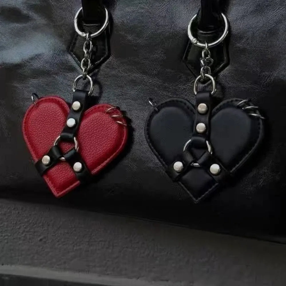 Y2K Rivet Heart Bag Charm – Punk Gothic Leather Keychain Bag Charm Keychain PLUSH