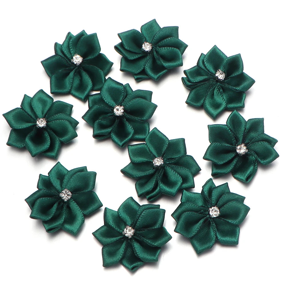 10pcs 3cm Satin Ribbon Flowers Rhinestone 9-Petal DIY Craft Fabric Flower Appliqué PLUSH Dark Green
