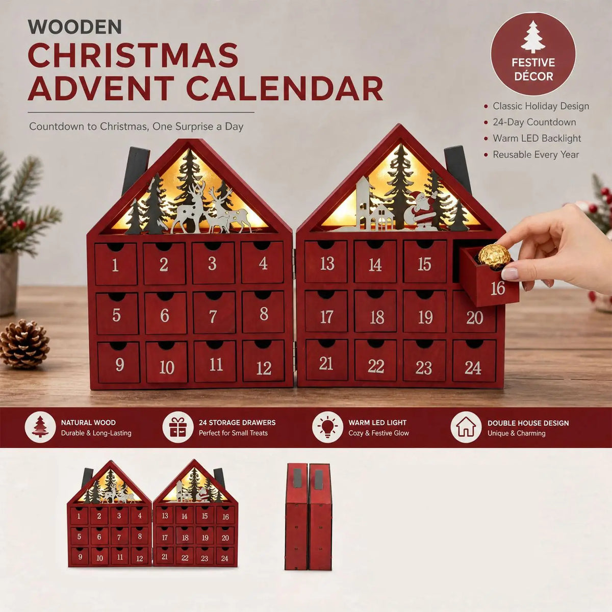 Wooden Christmas Advent Calendar 24 Drawers LED Village House Advent Calendar PLUSH