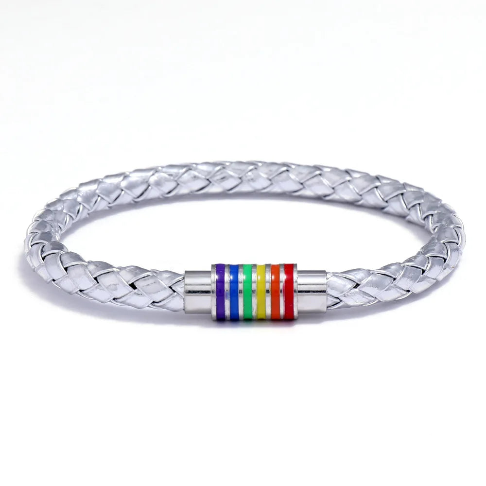 Rainbow Braided Leather Bracelet – Magnetic Buckle Unisex Bangle Leather Charm Bracelet PLUSH Silver