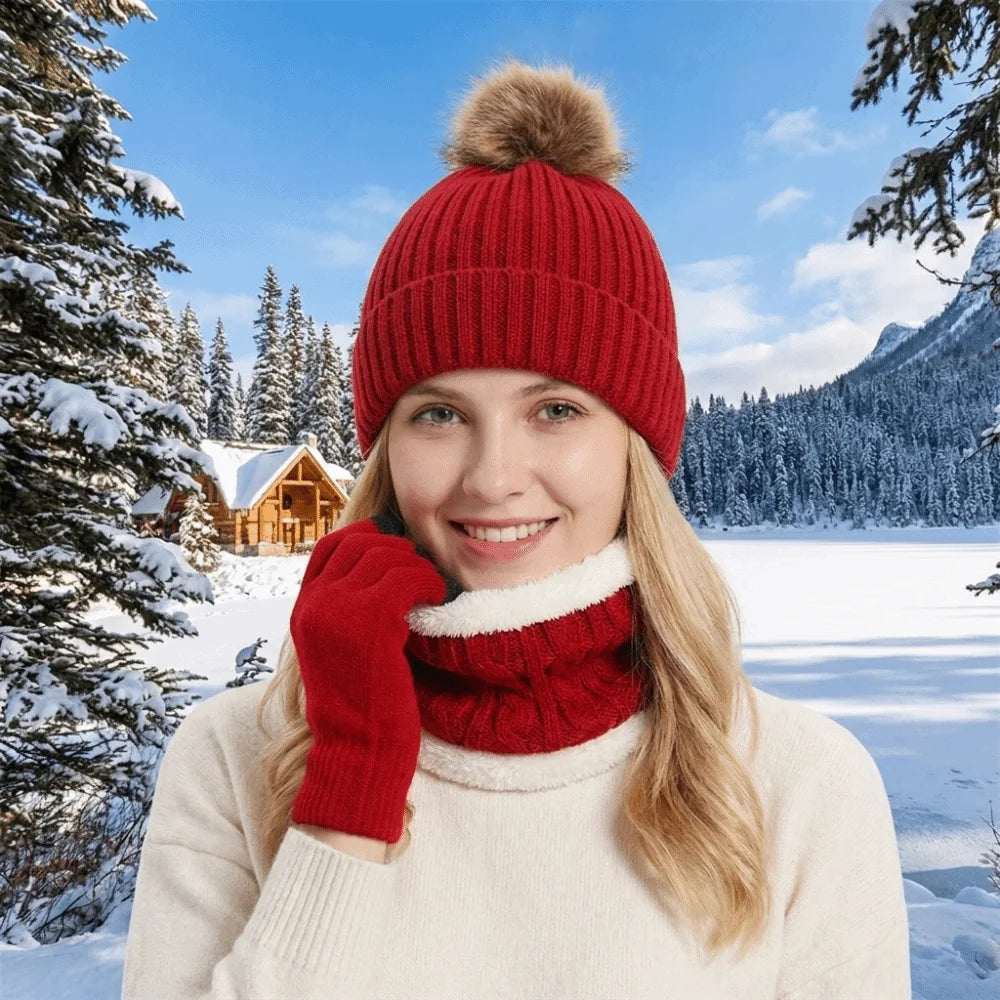 Women's Winter Knit Beanie Hat Scarf & Gloves Set | Pompom Winter Accessory Set PLUSH