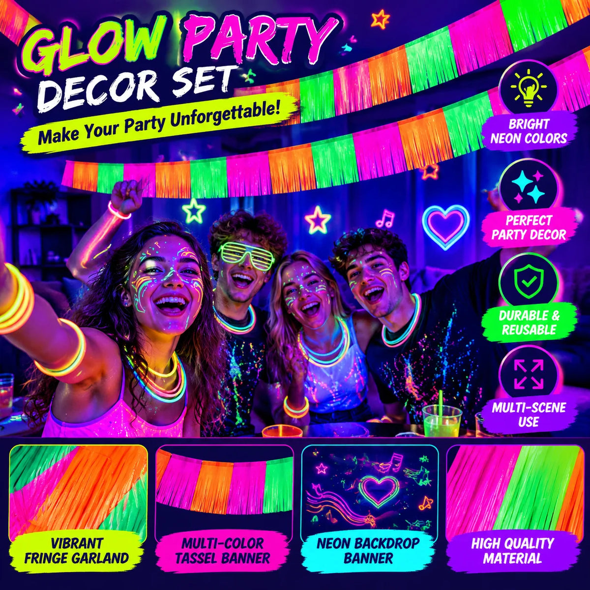 Neon Glow Party Rain Curtain & Tassel Bunting Decoration Set Party Decoration Set PLUSH