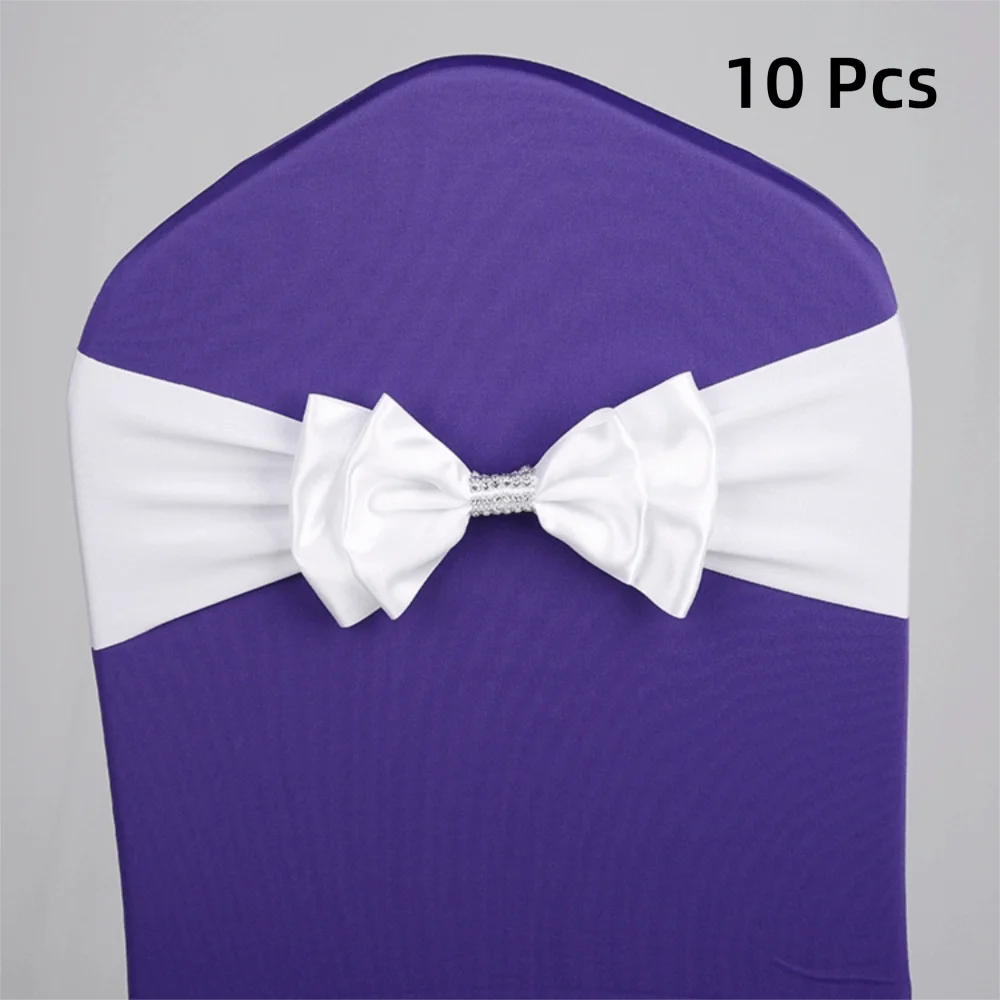 10pcs Satin Bow Chair Sashes – Elastic Spandex, No-Tie Chair Sash Bows PLUSH White