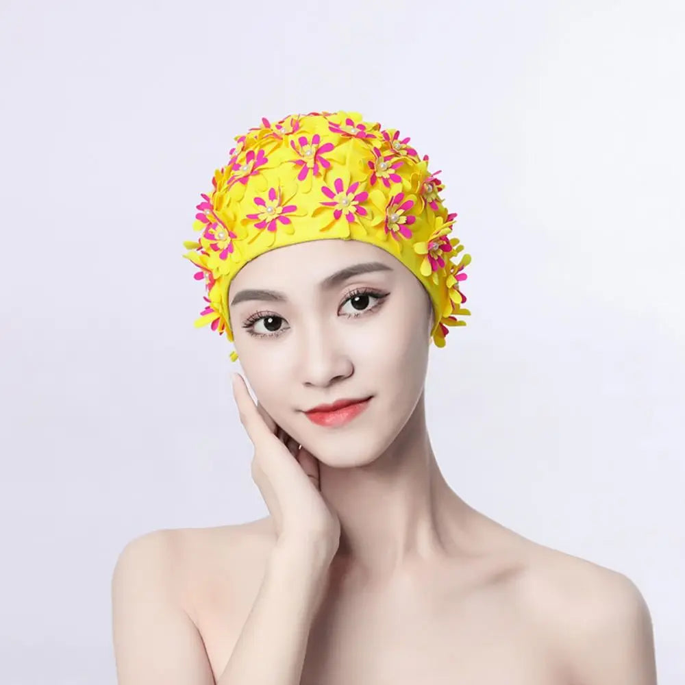 Pearl Floral Swim Cap for Women – Vintage Long Hair Swimming Swim Cap PLUSH yellow