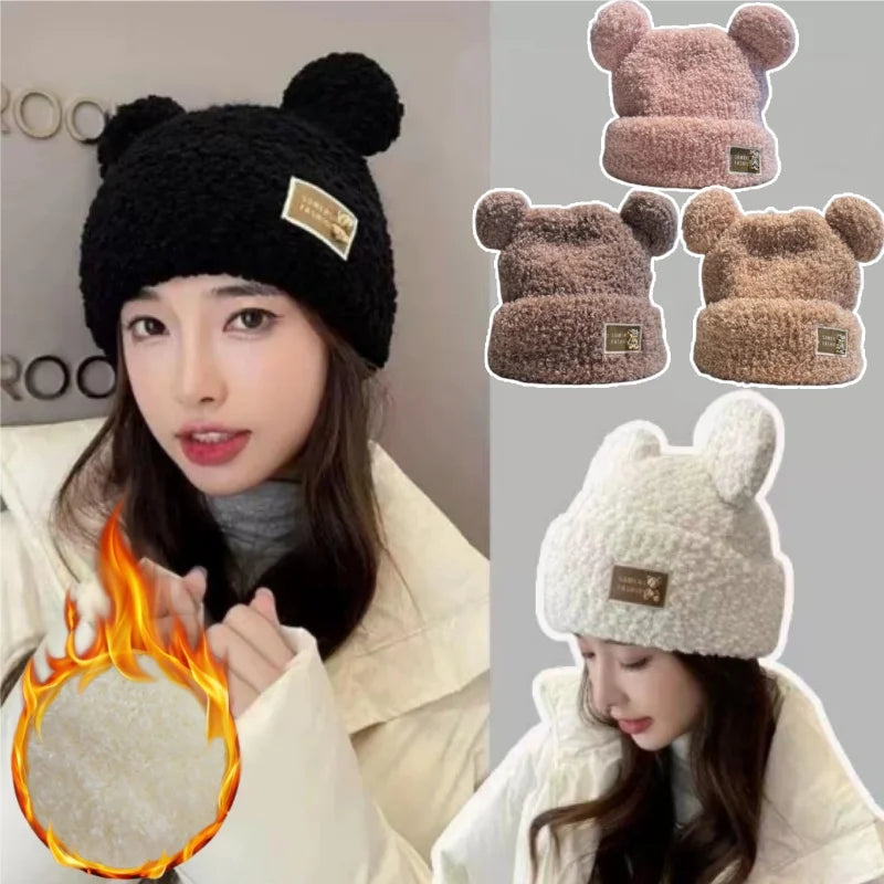 Women's Bear Ear Knitted Beanie – Plush Lined Slouchy Winter Hat Knitted Winter Beanie PLUSH
