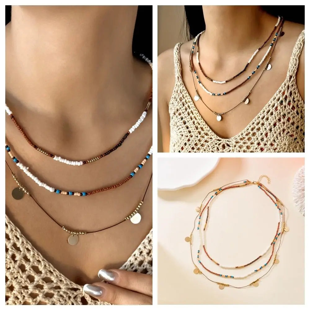 Bohemian Multi-Layer Bead Necklace – Brown Clavicle Chain Beaded Necklace PLUSH