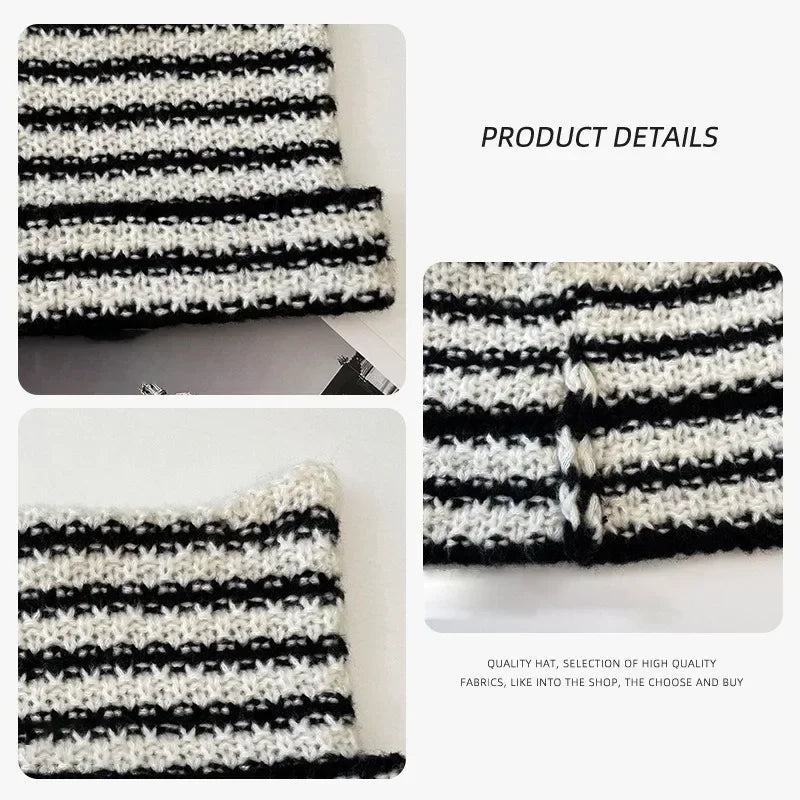 Cute Cat Ears Striped Knit Beanie – Warm Winter Hat Knit Beanie Hat PLUSH