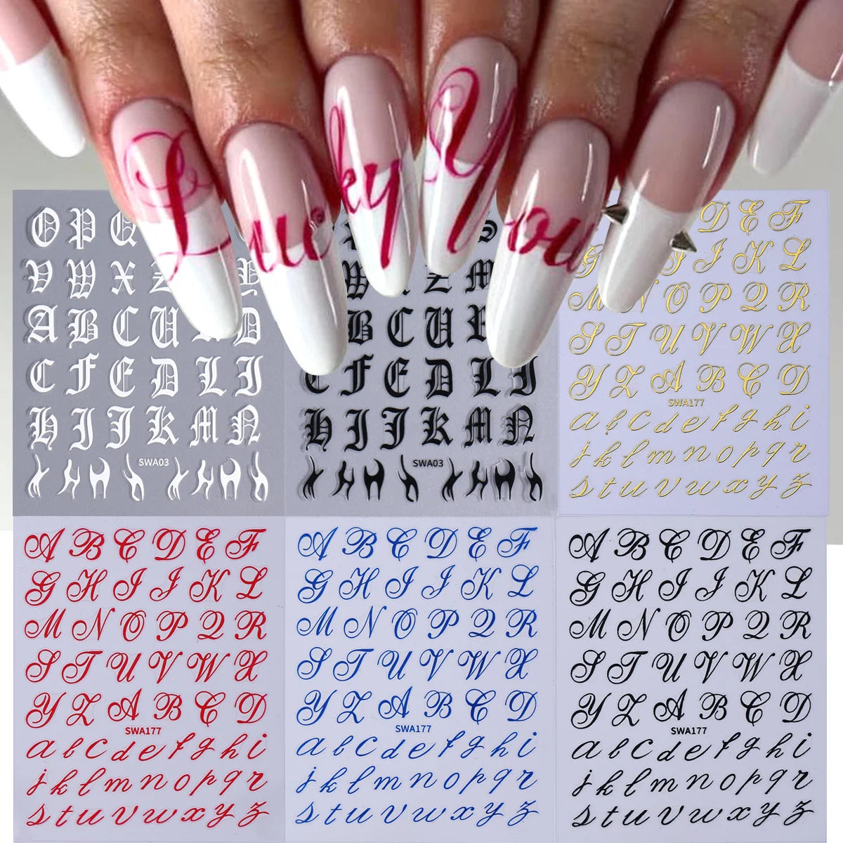 6pcs Gothic Letter Nail Decals – 3D Y2K Roman Alphabet Stickers Nail Art Stickers PLUSH