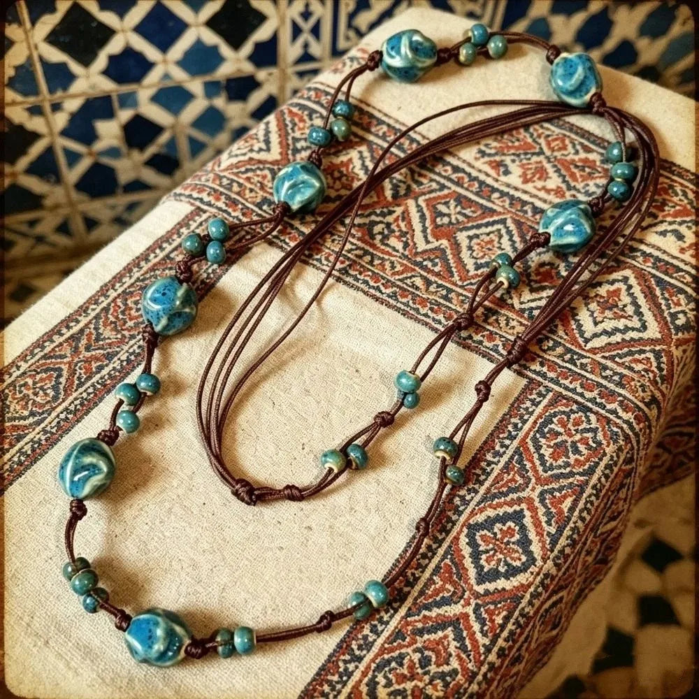 Bohemian Ceramic Beaded Long Necklace | Ethnic Vintage Style Beaded Long Necklace PLUSH