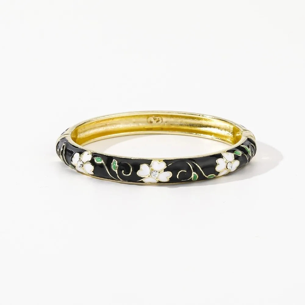 Enamel Cloisonné Cherry Blossom Bangle | Women's Vintage Bracelet Enamel Bangle Bracelet PLUSH Black White