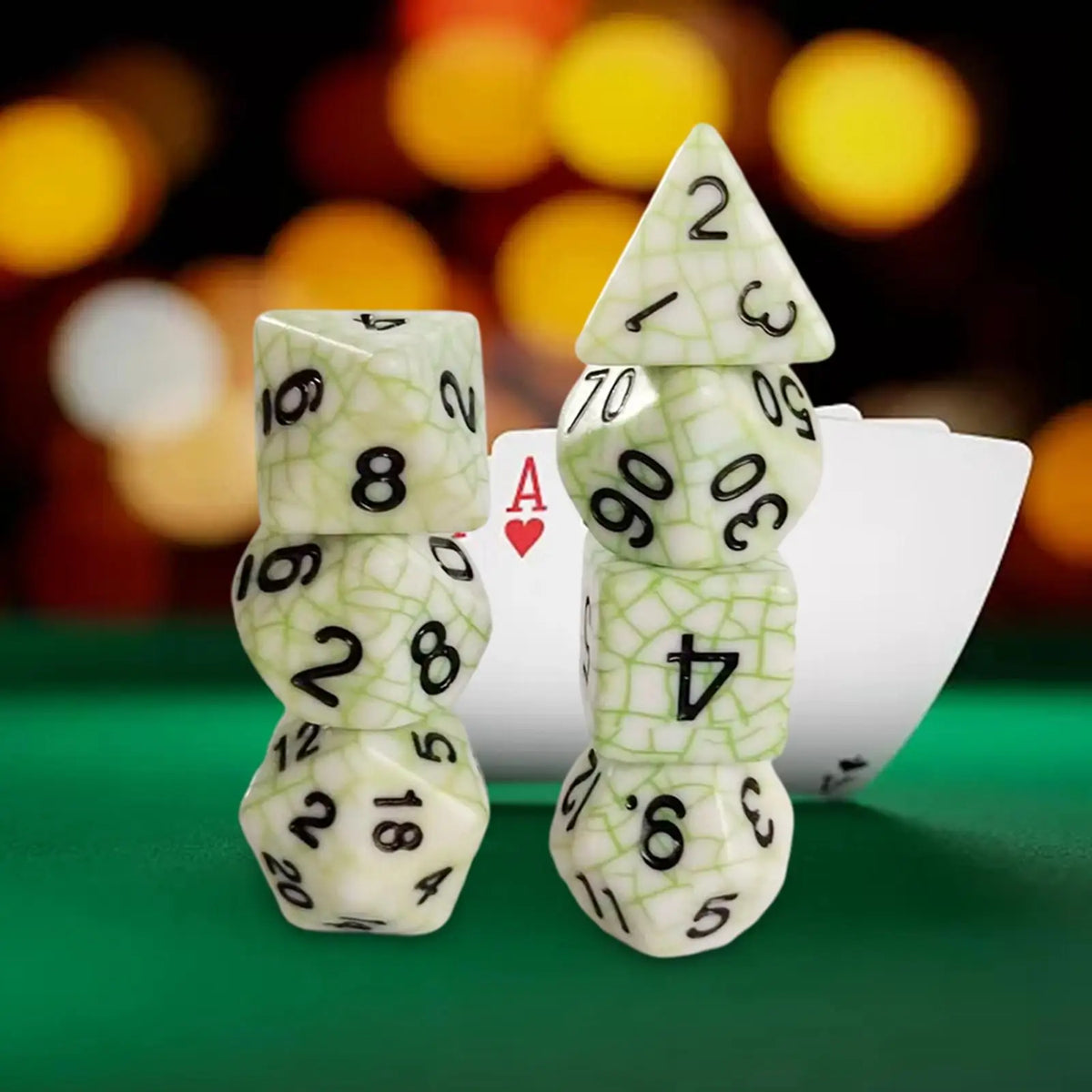 7-Piece Polyhedral Dice Set – D20 D12 D10 D8 D6 D4 Acrylic Polyhedral Dice Set PLUSH WhiteGreen
