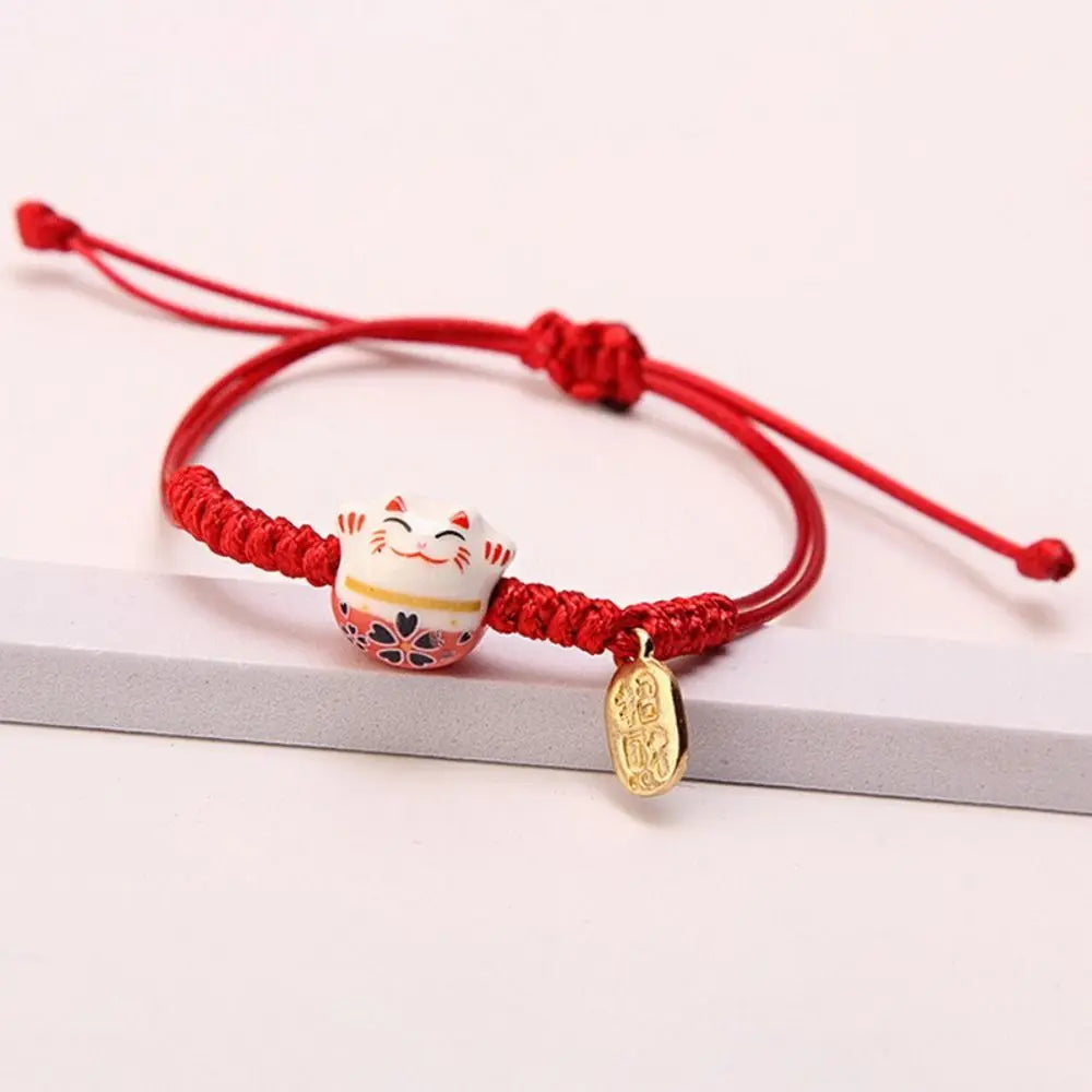 Ceramic Maneki Neko Charm Bracelet – Red Braided Rope Charm Bracelet PLUSH Red