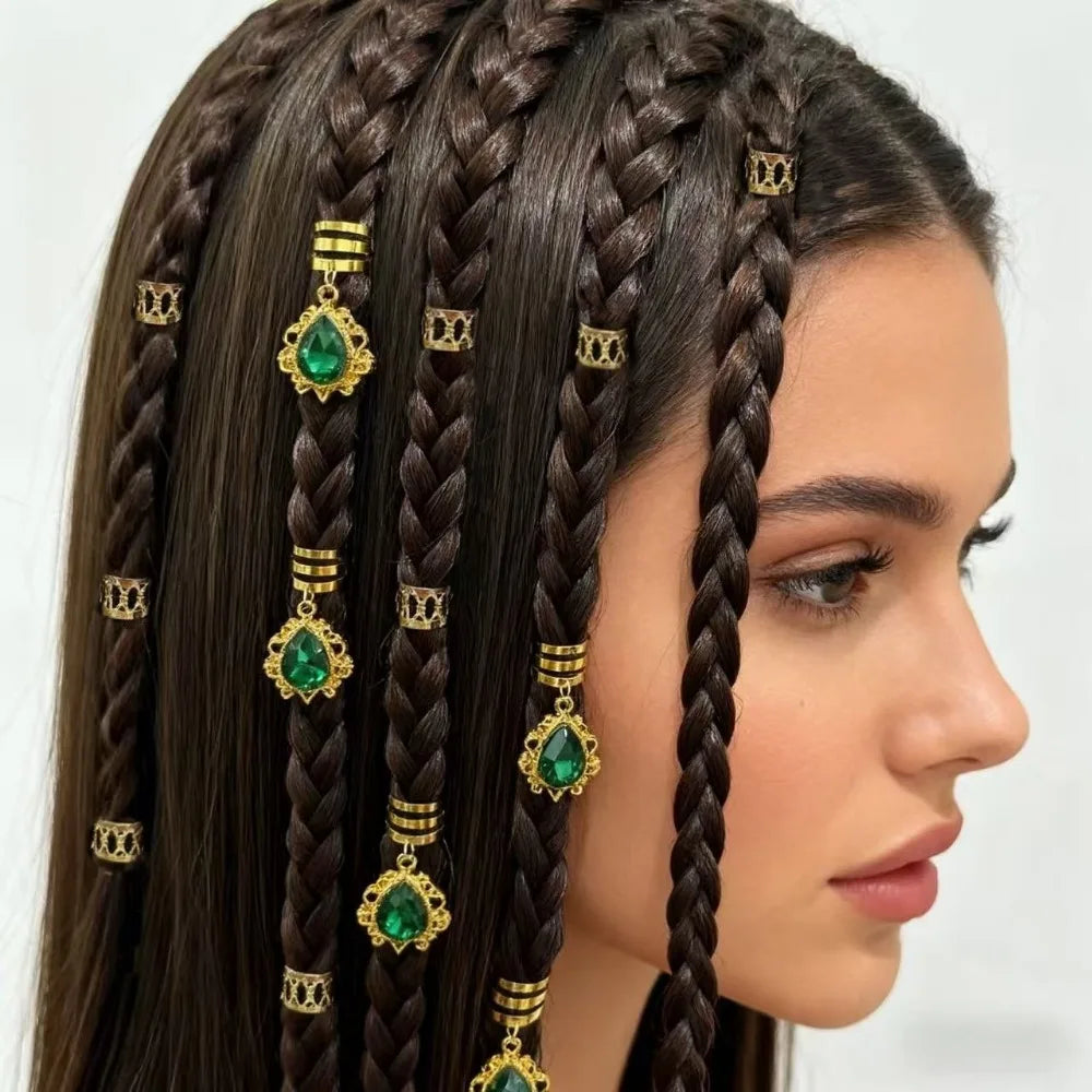 35pcs Emerald Rhinestone Teardrop Dreadlock Beads Filigree Alloy Hair Dreadlock Beads PLUSH
