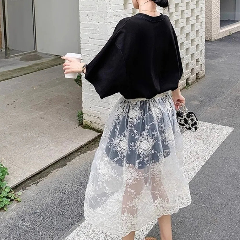 High Waist Lace Petticoat – Embroidery Flower Mesh Underskirt Lace Petticoat Underskirt PLUSH