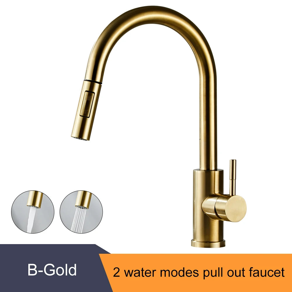 Pull Out Kitchen Faucet Single Handle Hot Cold Mixer Tap Kitchen Faucet PLUSH B-Gold G3/8