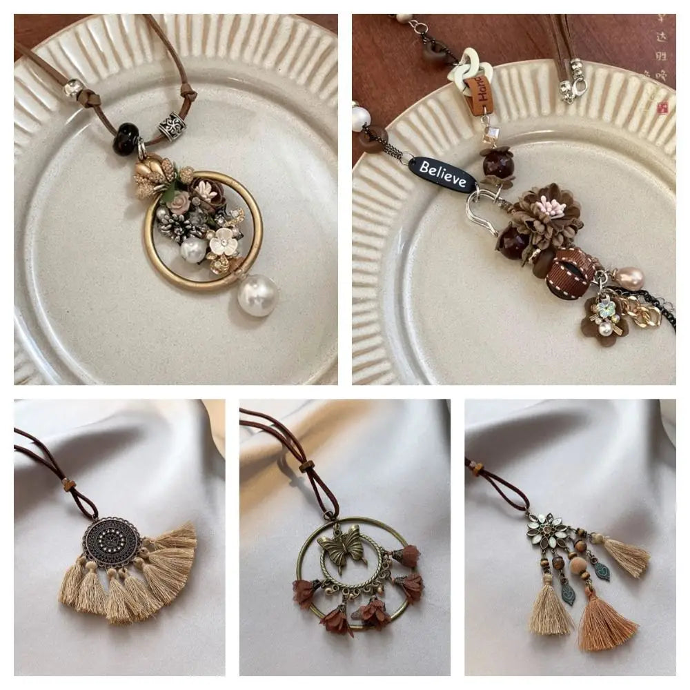 Bohemian Wood Tassel Necklace – Ethnic Floral Sweater Chain Pendant Necklace PLUSH