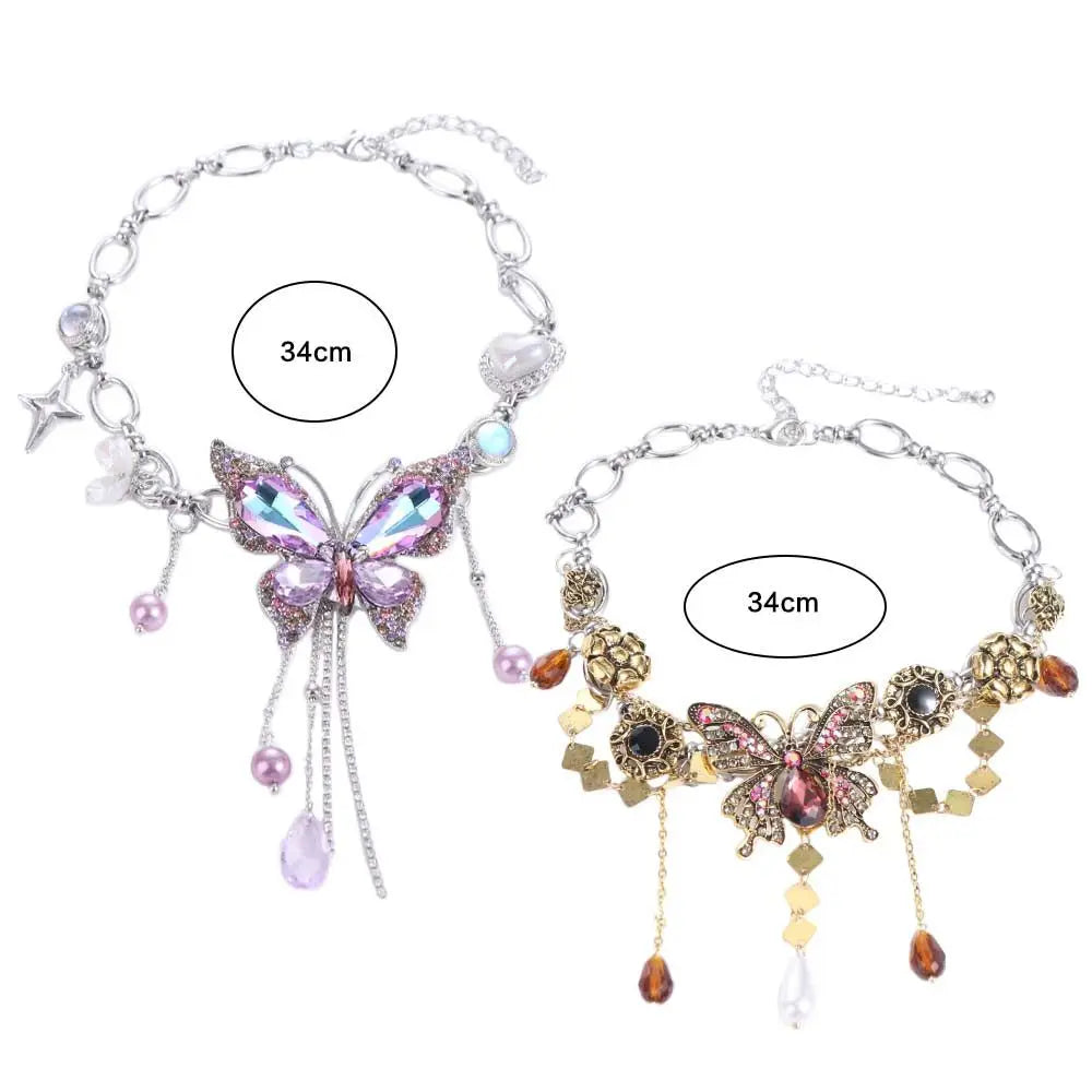 Rhinestone Butterfly Choker Necklace – Vintage Zircon & Pearl Choker Necklace PLUSH