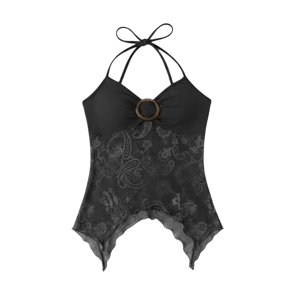 Women's Mesh Halter Crop Top – Slim Fit Lace Patchwork Camisole Halter Crop Top PLUSH Black XS