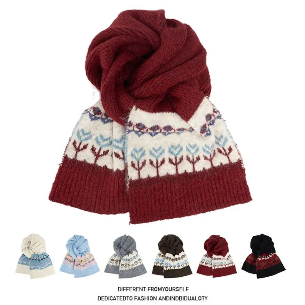 Women's Fair Isle Jacquard Knitted Scarf – Floral Winter Shawl Knitted Winter Scarf PLUSH