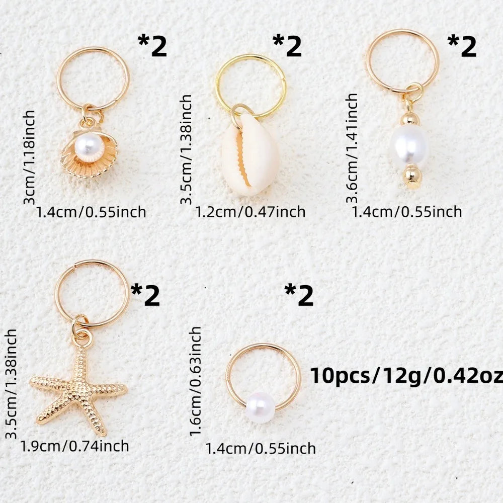 Bohemian Sea Star Shell Pearl Hair Rings – 10pcs Dreadlock Beads Hair Rings Set PLUSH