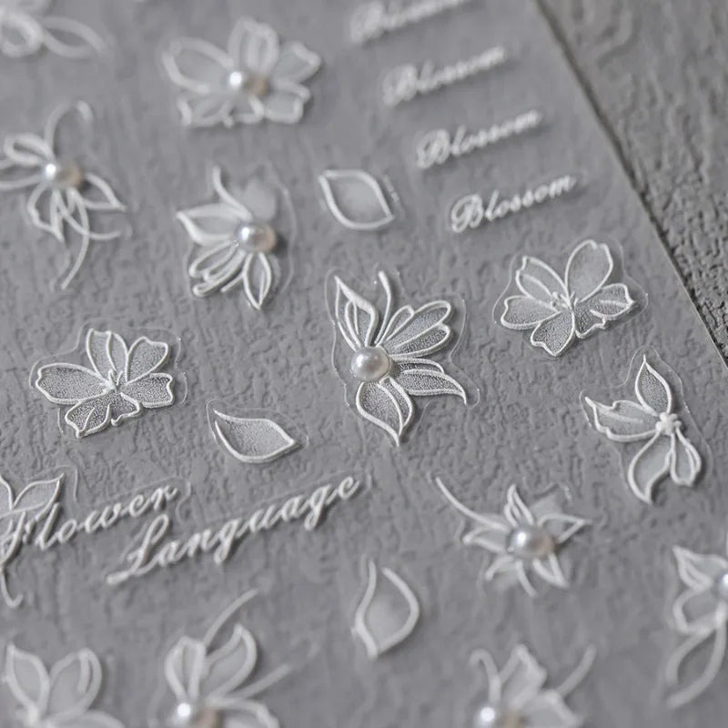 White Lace Floral Pearl Nail Stickers – Elegant Manicure Decals Nail Art Stickers PLUSH