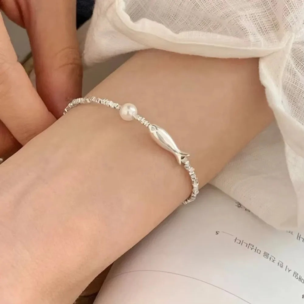 Silver Fish & Imitation Pearl Link Bracelet for Women Fashion Bracelet PLUSH