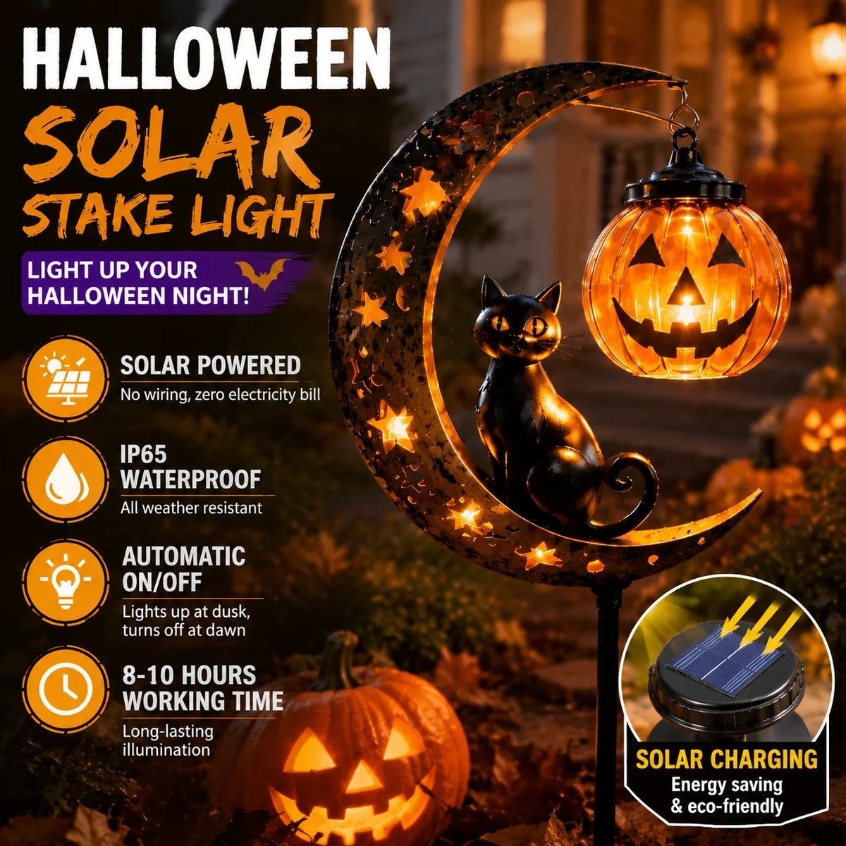 Halloween LED Garden Stake Lights – Black Cat Pumpkin Moon LED Garden Stake Light PLUSH