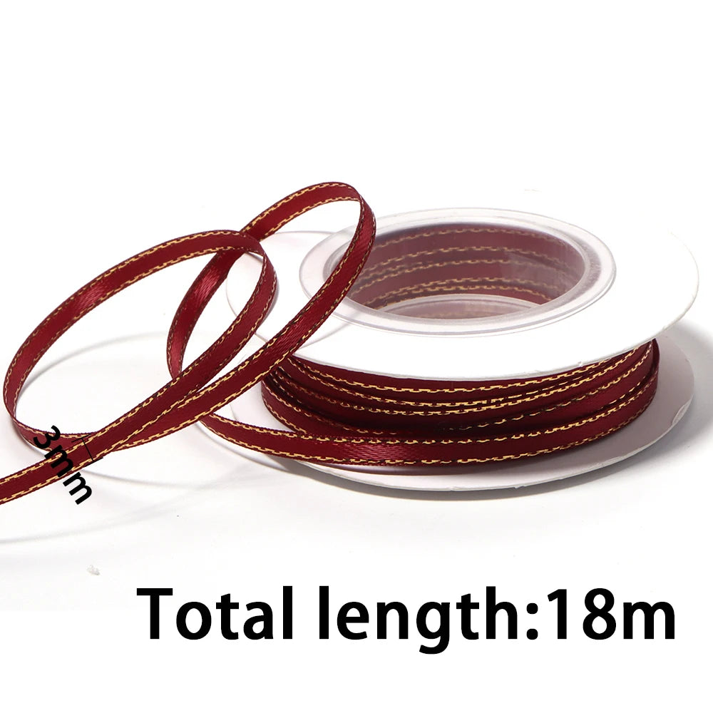 18m Gold Edge Double Face Satin Ribbon 3mm | Gift & Cake Decor Satin Craft Ribbon PLUSH