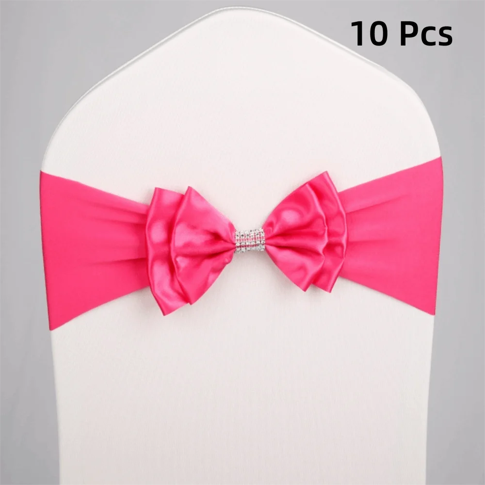 10pcs Satin Bow Chair Sashes – Elastic Spandex, No-Tie Chair Sash Bows PLUSH Rose Red