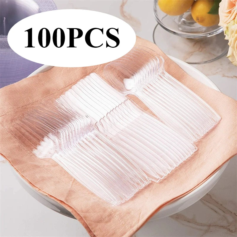 100pcs Clear Disposable Plastic Cutlery Set – Fork Spoon Knife Disposable Cutlery Set PLUSH
