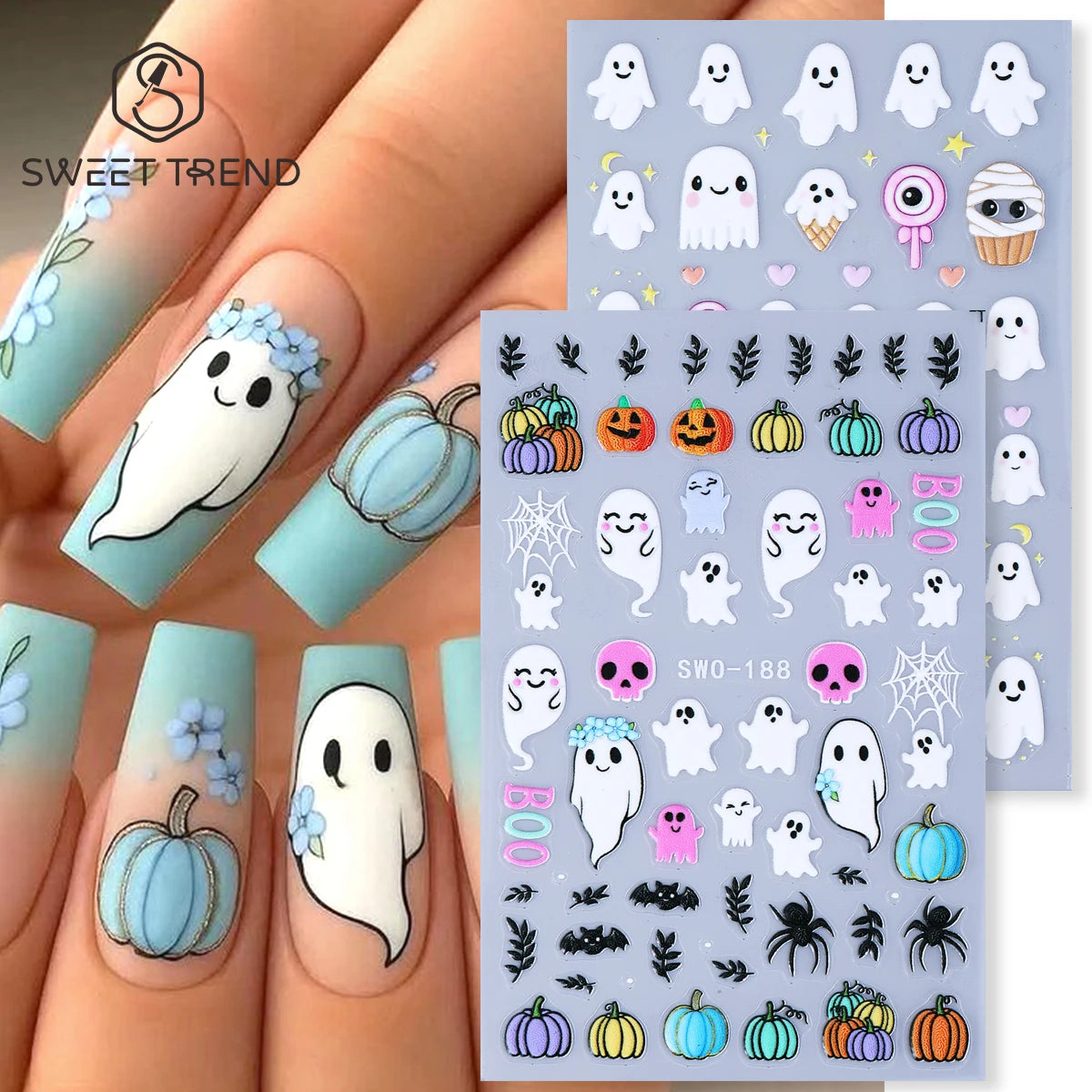 Halloween Nail Decals – Ghosts, Pumpkins & Kawaii Stickers 2pc Nail Art Stickers PLUSH