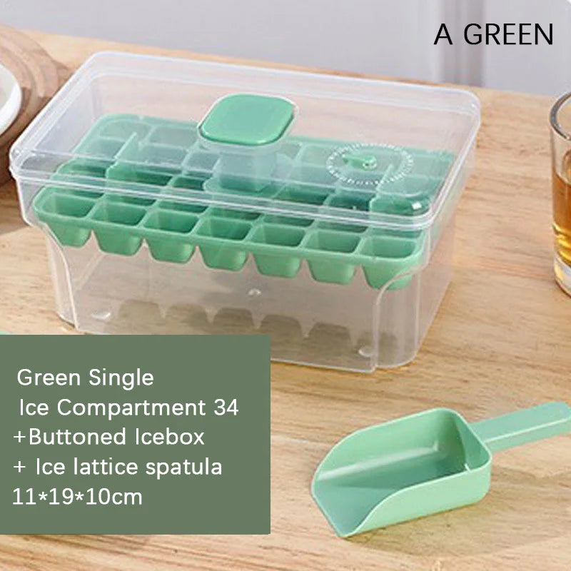 Ice Cube Tray with Lid & Bin – 68 Cubes, Easy Release Ice Cube Tray PLUSH Green 34Grids