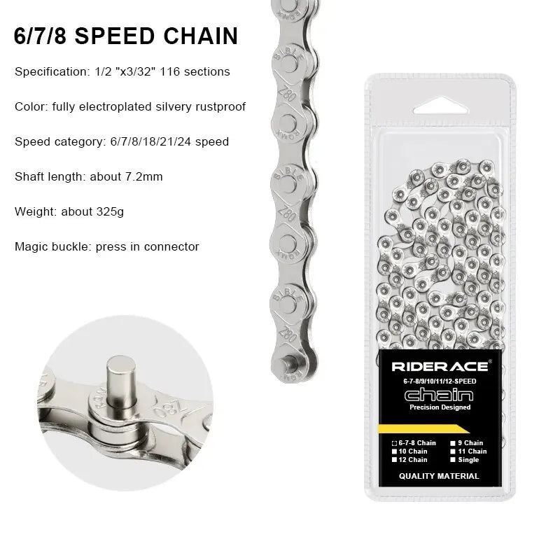 RIDERACE Ultralight Bicycle Chain 116L 8-12 Speed MTB Road Bike Bicycle Chain PLUSH 6 7 8 speed