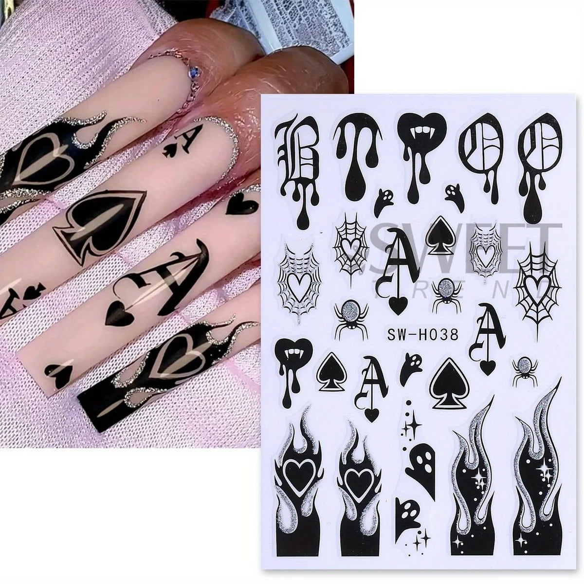 Poker Nail Glitter Stickers – Gothic Queen King Spider Web Decals Nail Art Stickers PLUSH