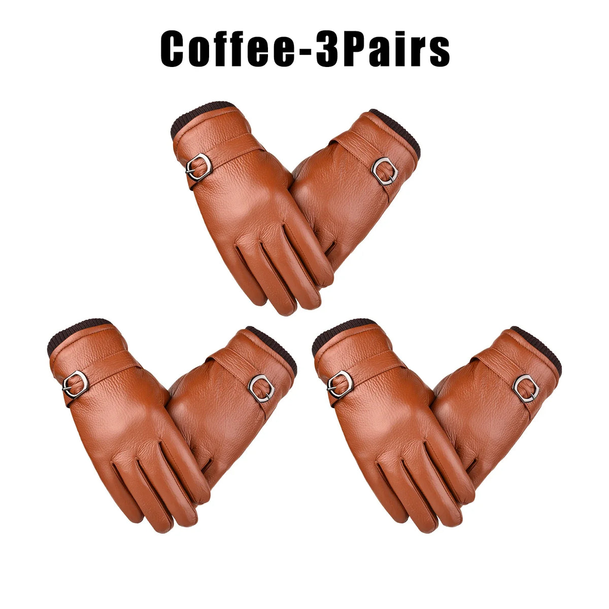 Windproof Thermal Touchscreen Leather Gloves – Winter Sports Winter Sports Gloves PLUSH Coffee 3Pairs