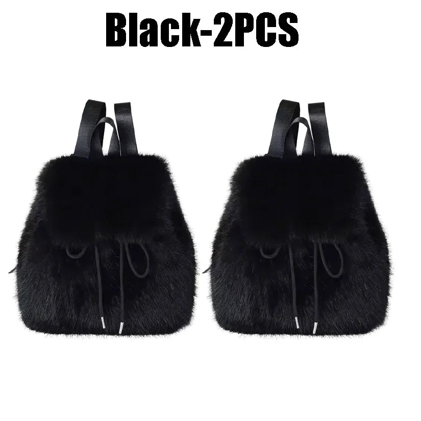 Women's Fox Fur Backpack – Magnetic Drawstring Flap Bag Set Women's Backpack PLUSH Black-2PCS
