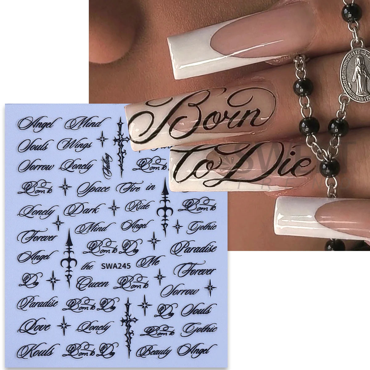 Gothic Nail Stickers Black Gold Y2K Angel Star – 4 Sheets Nail Art Stickers PLUSH
