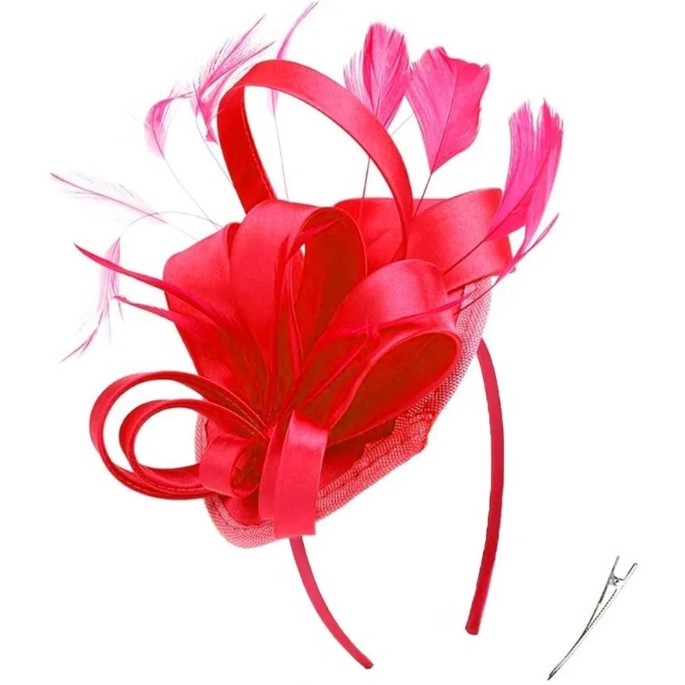 Sweet Bow Feather Fascinator Headband | Tea Party Hair Hoop Fascinator Headband PLUSH Red