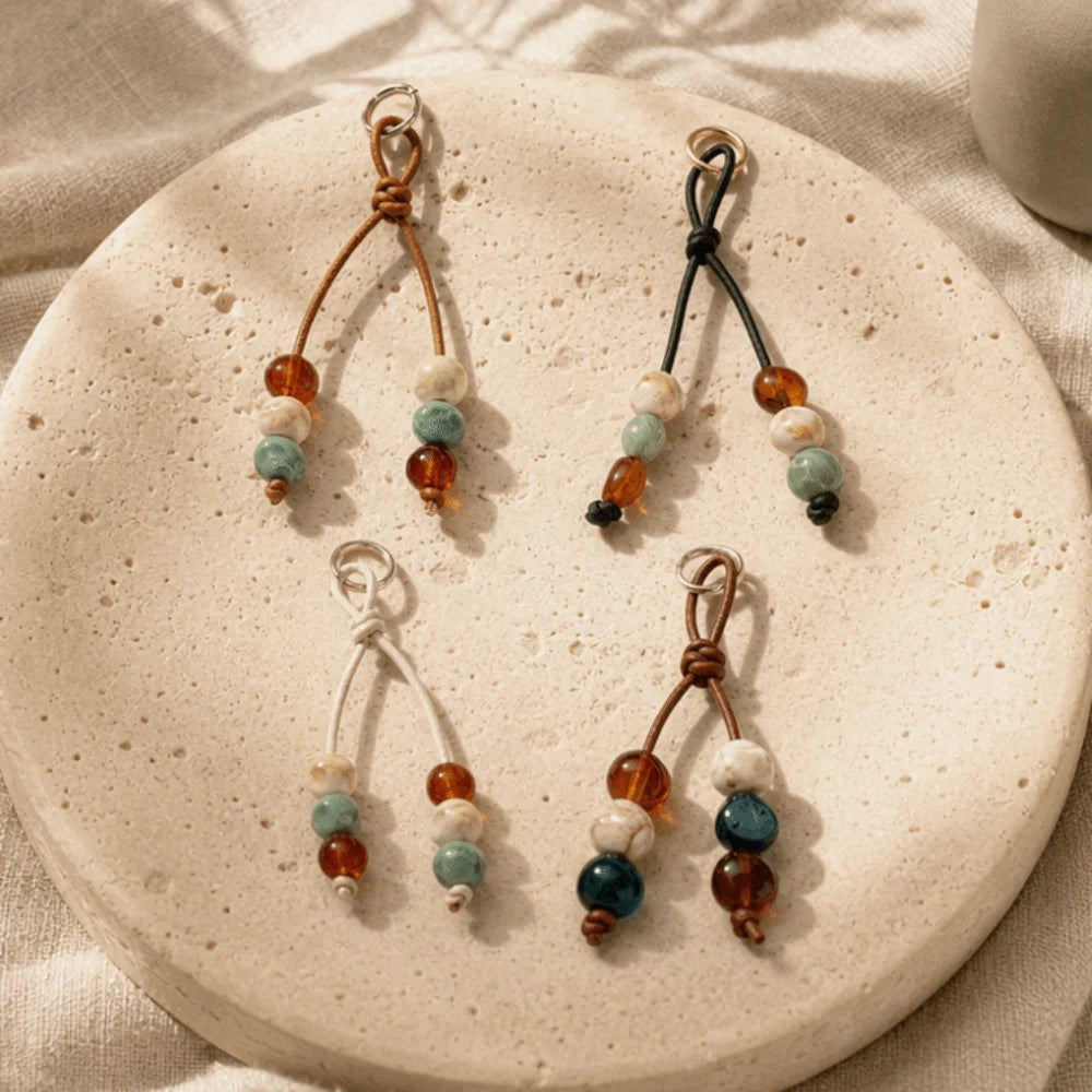Vintage Boho Resin Beaded Keychain – Braided PU Cord Keyring Beaded Keychain PLUSH