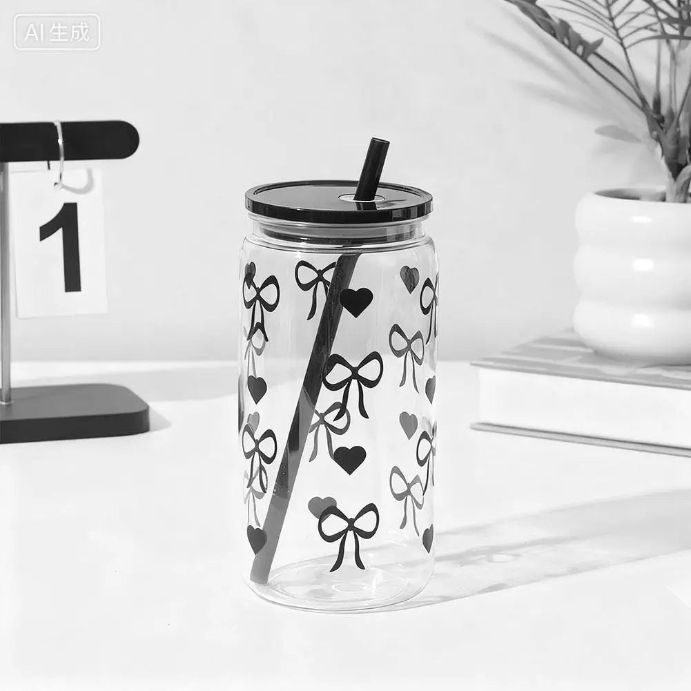 500ml Black Bow-Shaped Plastic Cup with Lid & Straw Plastic Straw Cup PLUSH